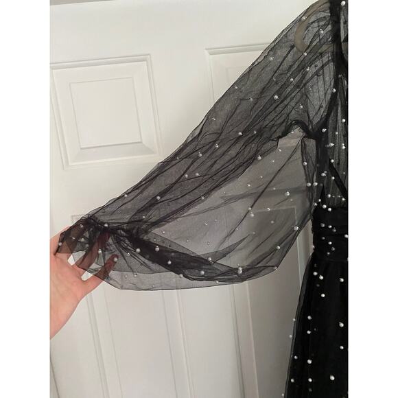 Mac Duggal Black Long Sheer Sleeve Draped Pearl Beaded Gown, Sz 12, NWT - Picture 5 of 8